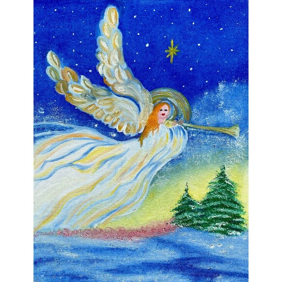 Original Oil Painting Angel Trumpet Christmas Winter Night Sky 8x10 Canvas Art - Picture 1 of 11